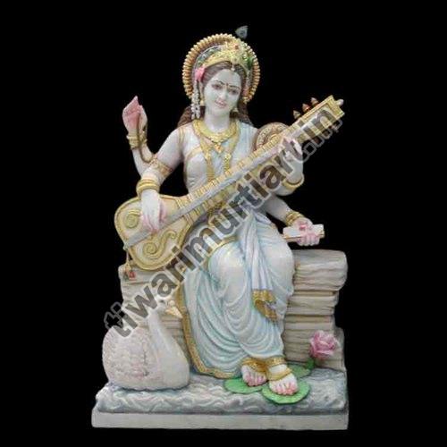 30 Inch Marble Saraswati Mata Statue, for Worship, Temple, Interior Decor, Pattern : Painted