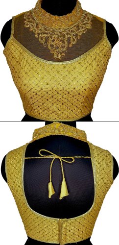 Ansar Creation Silk Gold-1 Hand Collar Blouse, Occasion : Party Wear, Wedding Wear