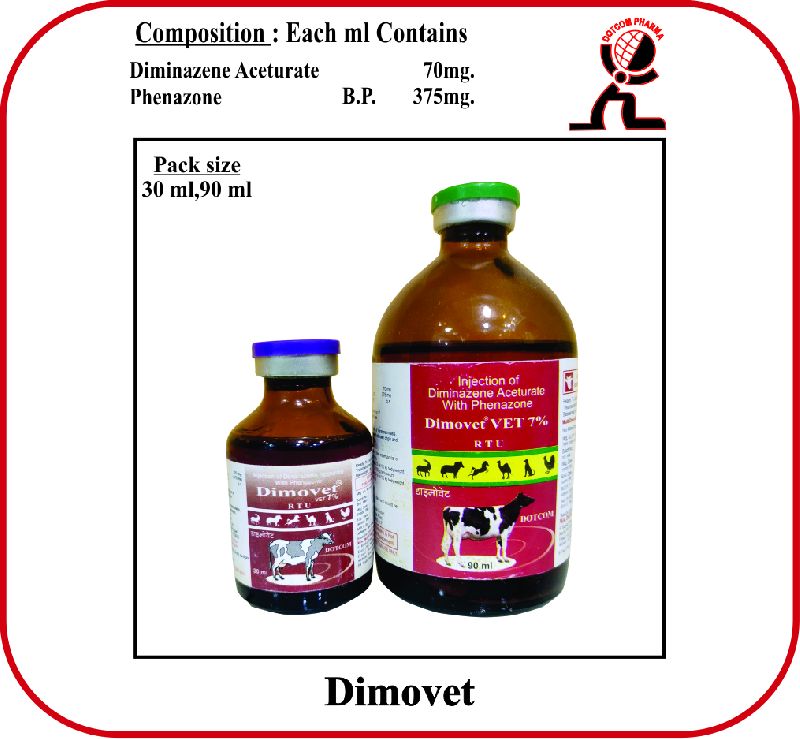 DIMINAZENE ACETURATE With PHENAZONE INJECTION (DIMOVET), for Veterinary Use, Packaging Type : Amber Vial