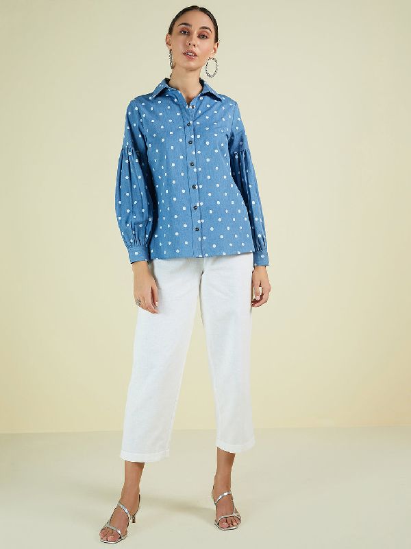Denim Polka Button Down Printed Shirt, Size : XS, XL, XXL