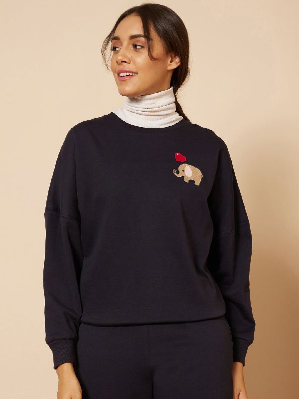 Round neck Fleece Elephant Embroidered Sweatshirt, Size : XS, XL, XXL, 3XL