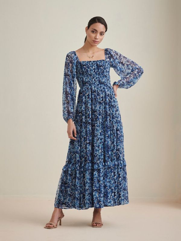 Square Neck Floral Tiered Maxi Dress, Size : XL, XXL, 3XL, 4XL, 5 XL