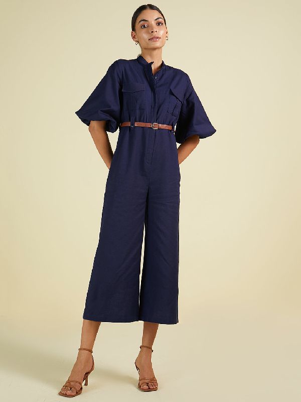 Linen Jumpsuit with PU belt, Size : XS, XL, XXL