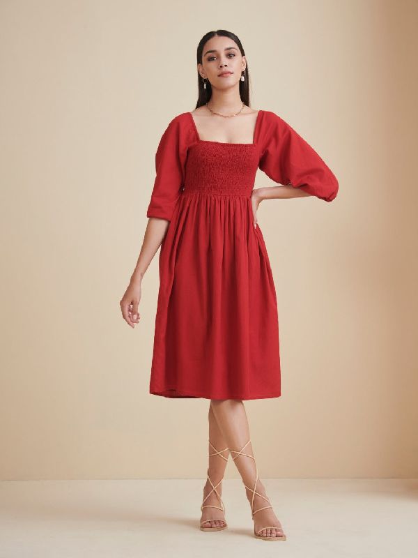 Square Neck Linen Smocked Midi Dress, Size : XS, XL, XXL