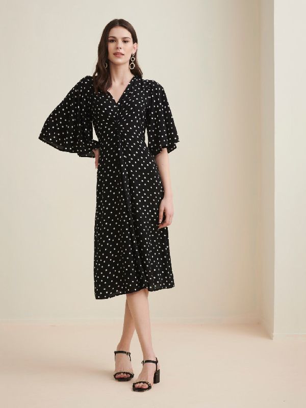 Polka Front Knotted Midi Dress, Size : XS, XL, XXL