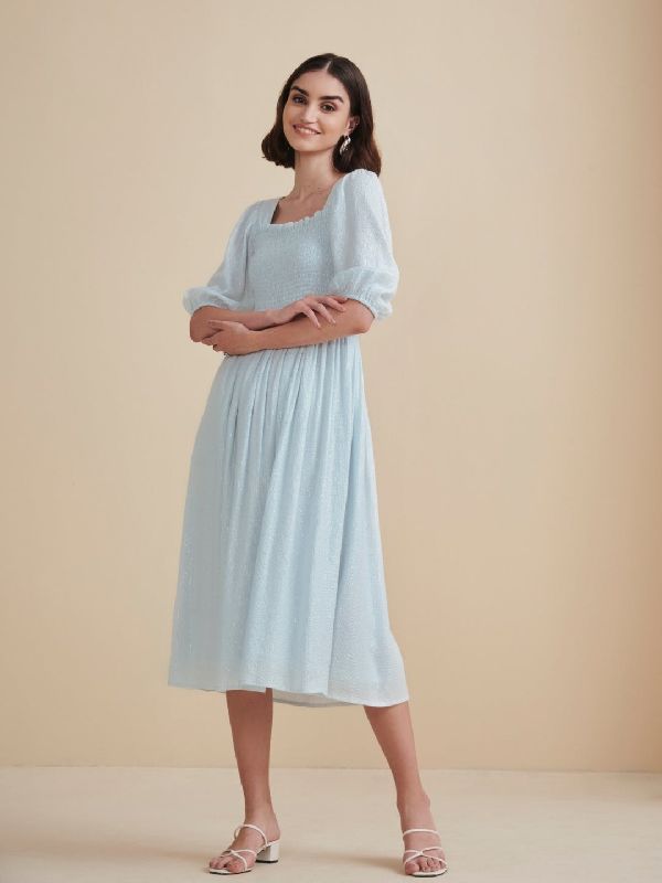 Square Neck Smocked Lurex Midi Dress, Size : XL, XXL