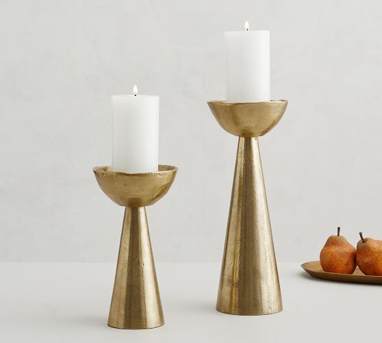 Polished Brass Pillar Candle Holder, for Shiny, Good Quality, Mounting Type : Tabletop, Free Stand
