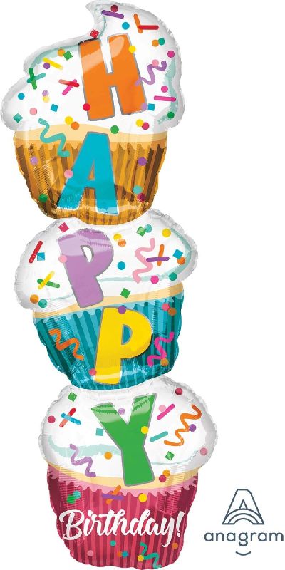 Happy Birthday Stacked Cupcake Balloons, Size : 41 Inch
