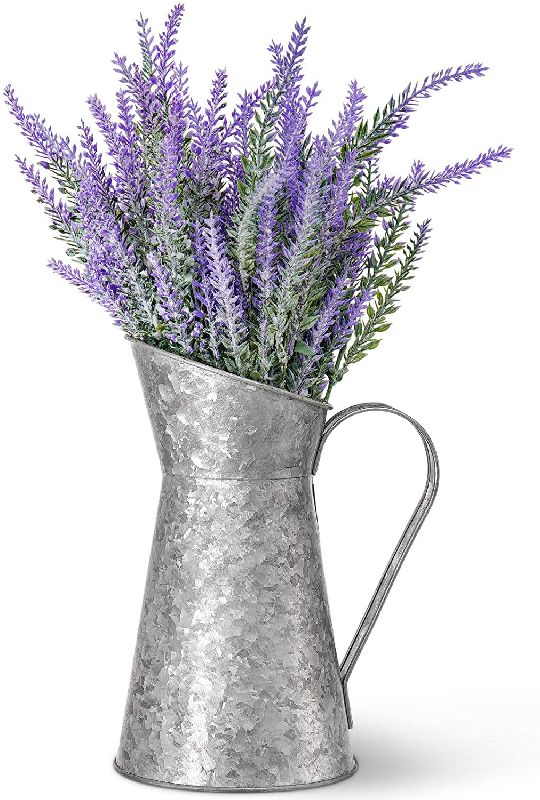 Galvanized Metal Jug Vase Rustic Style Metal Pitcher Flower Holder with Lavender Artificial Flowers