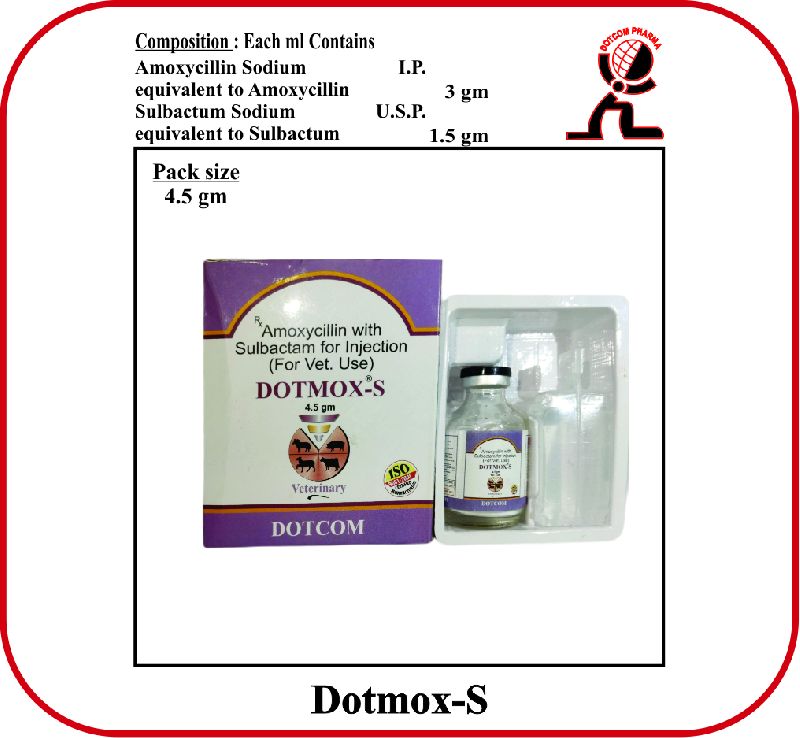 Amoxycillin & sulbactum Injection DOTMOX-S, for Veterinary, Packaging Type : Glass Bottle
