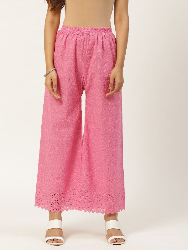 Vastraa Fusion Women's Regular Fit Cotton Chikan Palazzo - (Pink)