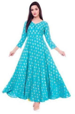 Ladies Anarkali Cyan Cotton Kurti