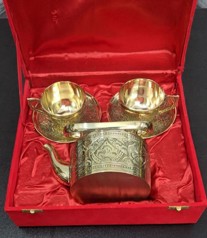 STANDARD ART Polished Engraved Brass Teapot Set, Shape : Round