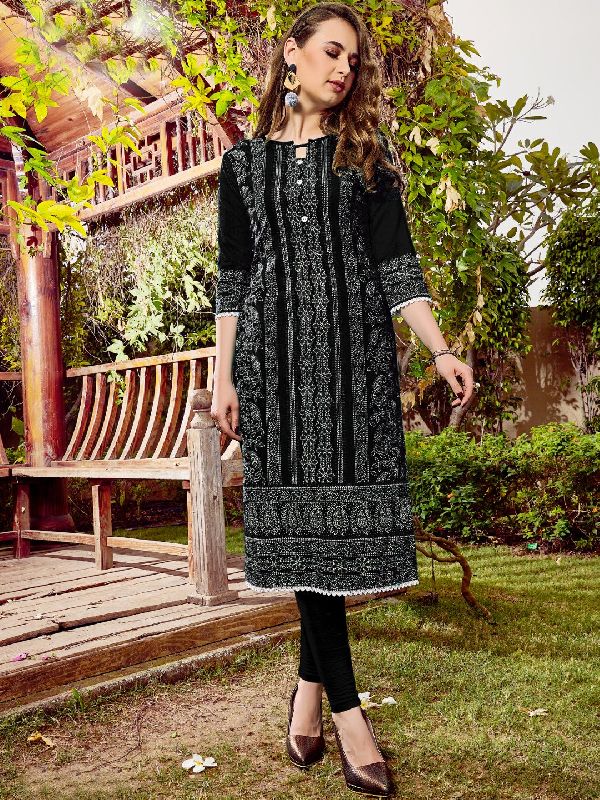 Black Rayon Printed Kurta, Size : S, M, XL, XXL, XXXL