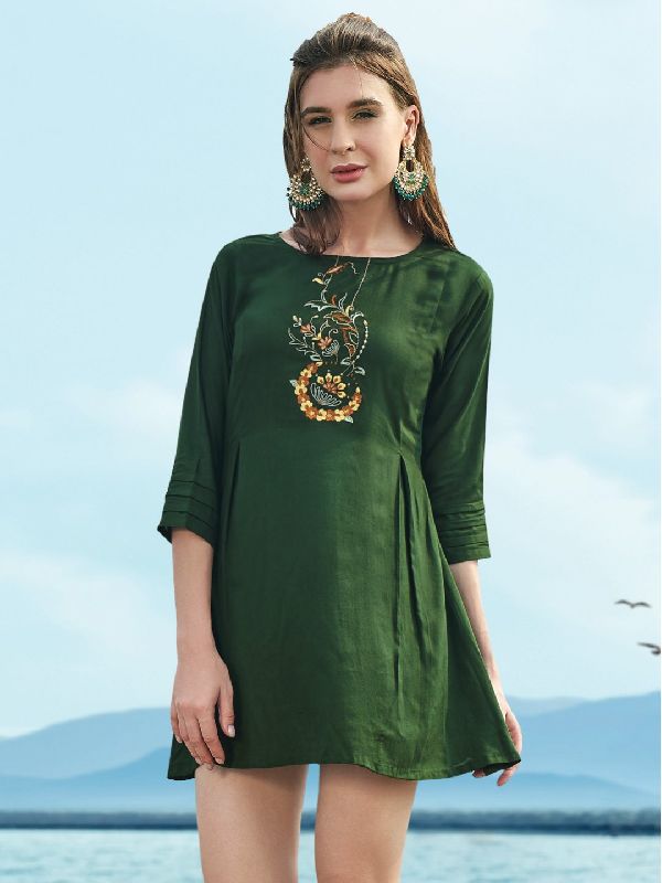Bottle Green Embroidered Rayon Tunic, Size : S, XL, XXL