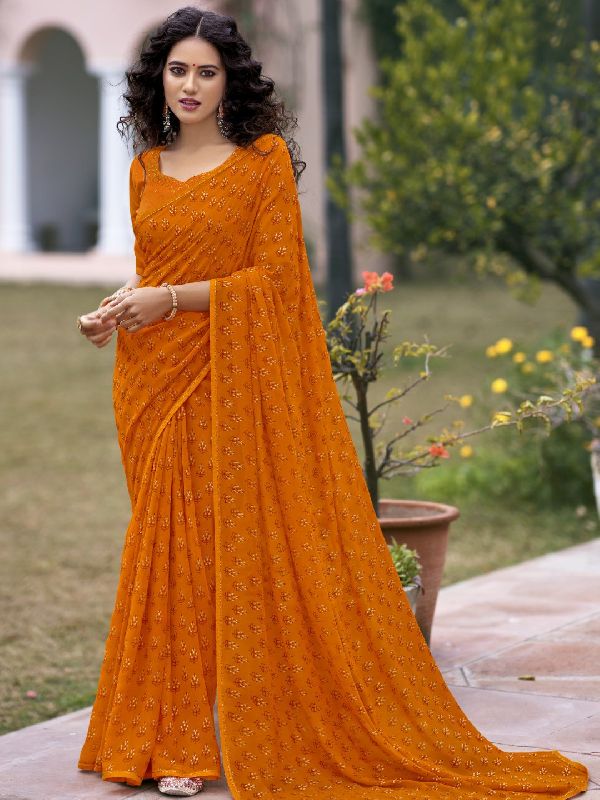 Orange Printed Georgette Saree