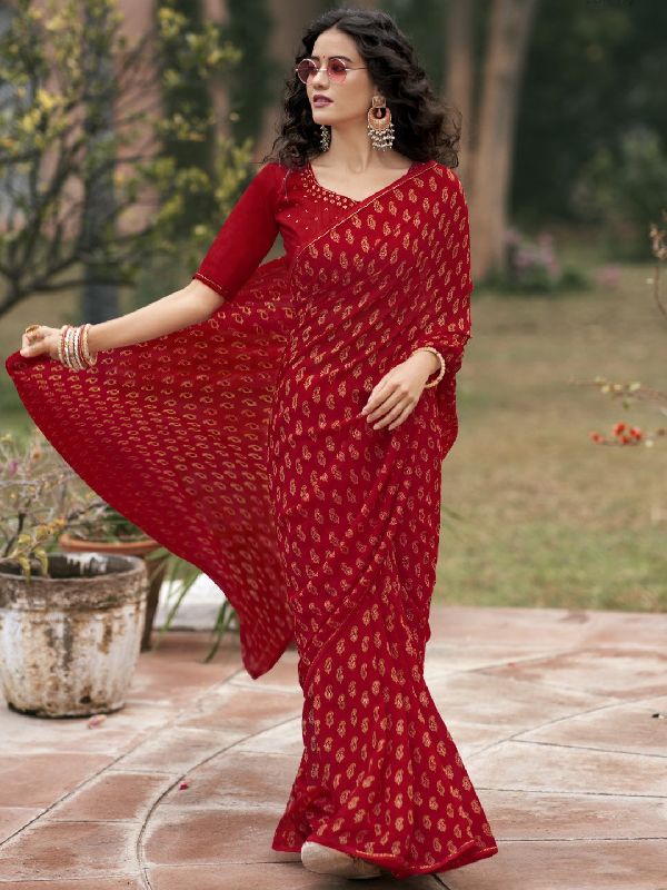 Red Printed Georgette Saree