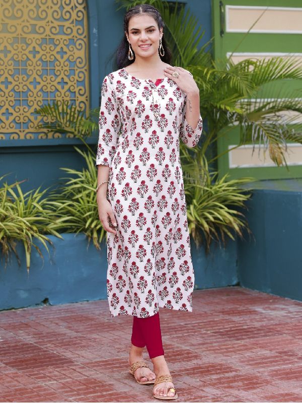 White Rayon Printed Kurta, Size : S, M, L, XL, XXL, XXXL