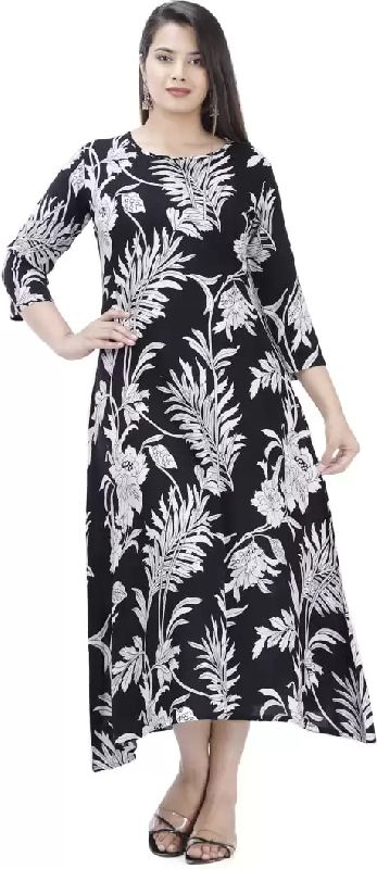 Ladies Black Printed Rayon A Line Kurta