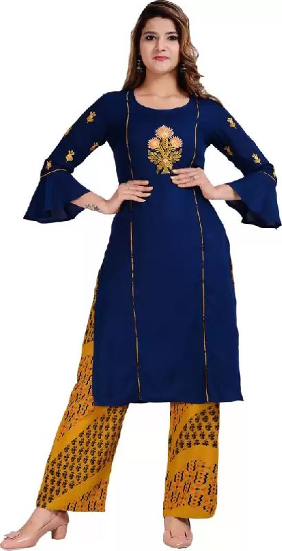 Ladies Navy Blue Rayon Kurta and Palazzo Set