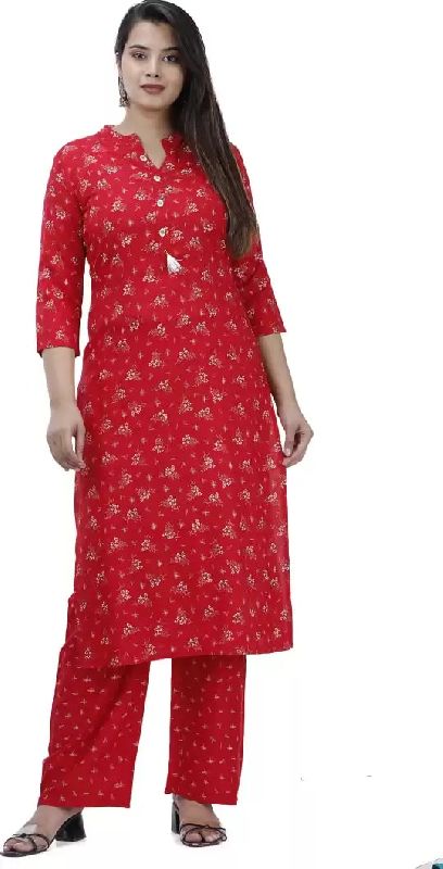 Ladies Red Rayon Kurta and Palazzo Set