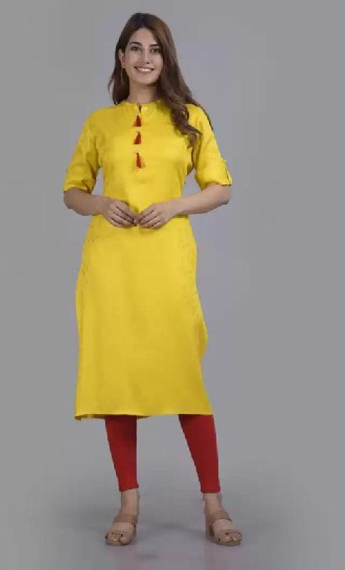 Ladies Yellow Jacquard Straight Kurta, Size : M, Xl, Xxl