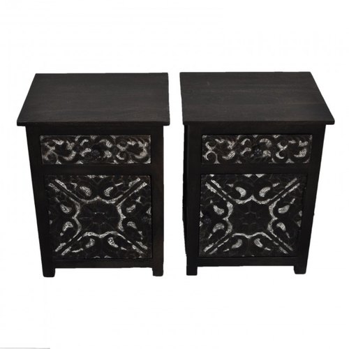 MM Handicrafts Rectangle Wooden Carved Pair Bedside Table