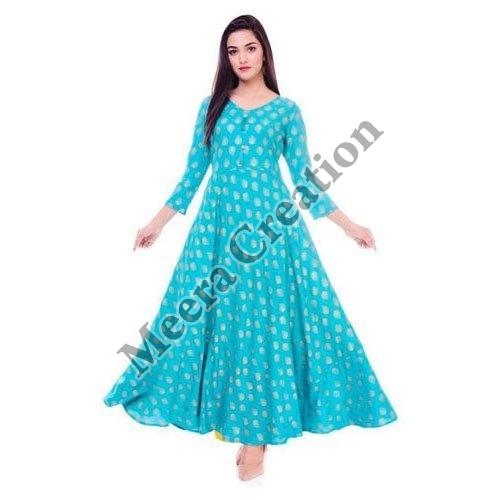 Ladies Anarkali Cyan Cotton Kurti