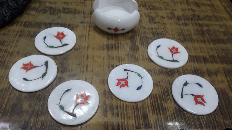 Polished Marble Inlay Work Coasters, Size : 5x5cm, 6x6cm, 7x7cm, 8x8cm, 9x9cm
