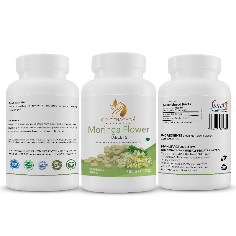 MORINGA FLOWER 500MG 60 TABLETS, for Nutrition, Packaging Type : PLASTIC BOTTLE