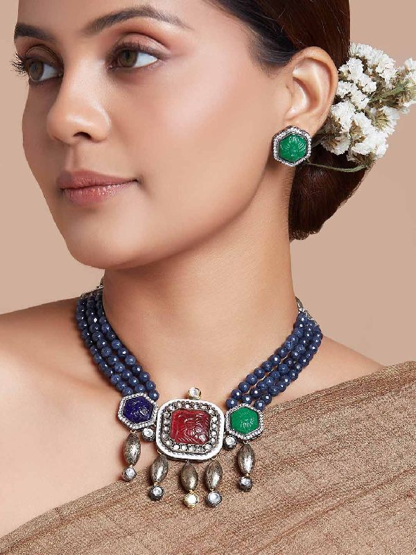 Blue Agate Beads Multicolor Kundan Necklace Set