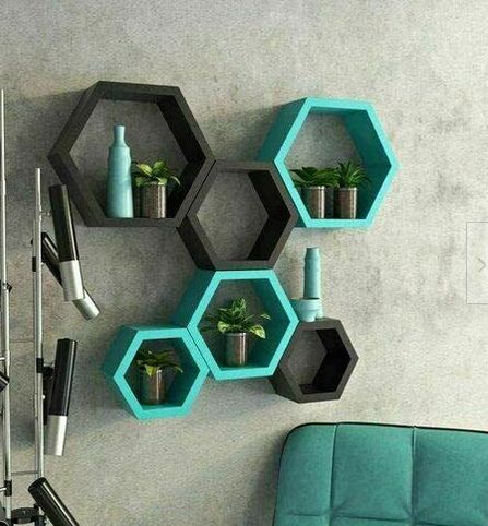 Wooden Black & Green Hexagon Wall Shelf