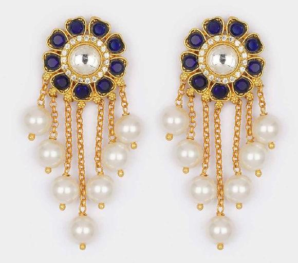 Blue Gold Tone Kundan Earrings with White Pearl