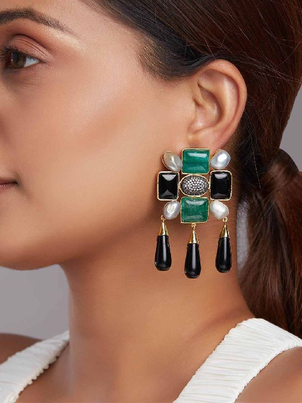 18K gold diamond embellished clear green jade flower drop earrings  35K   Jade Designer Jewelry