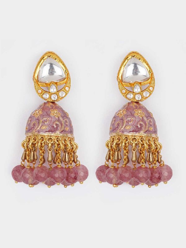 Pink Gold Tone Kundan Earrings, Color : Golden