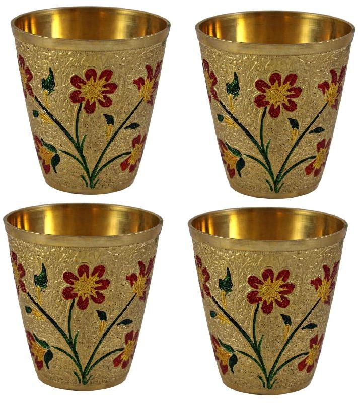 Round Brass Designer Glass Set of 4, Color : Golden