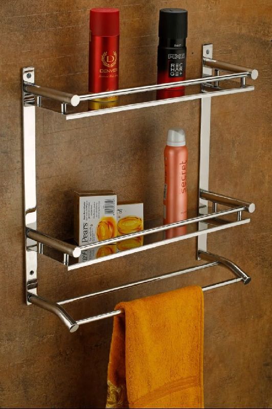 Stainless Steel Bathroom Double Shelf, Feature : Dust Proof, Fine Finished, Hard Structure, Long Life