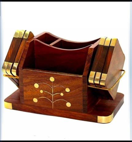 3 Compartments Wooden Coaster Set With Holder