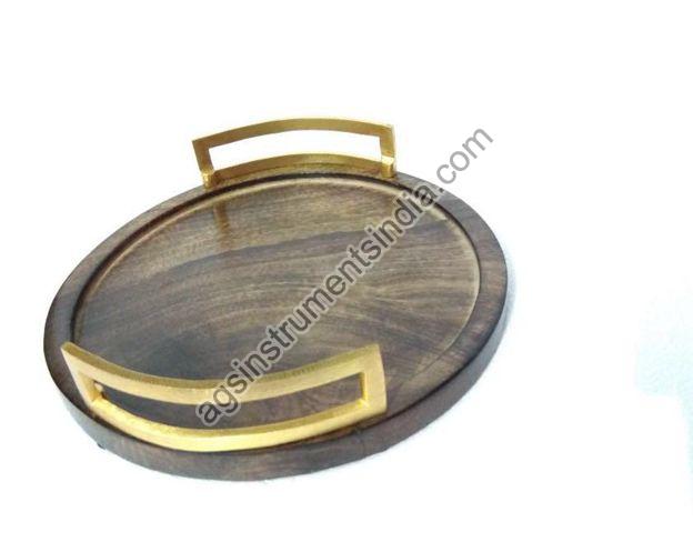 Wooden Round Tray with Brass Handle