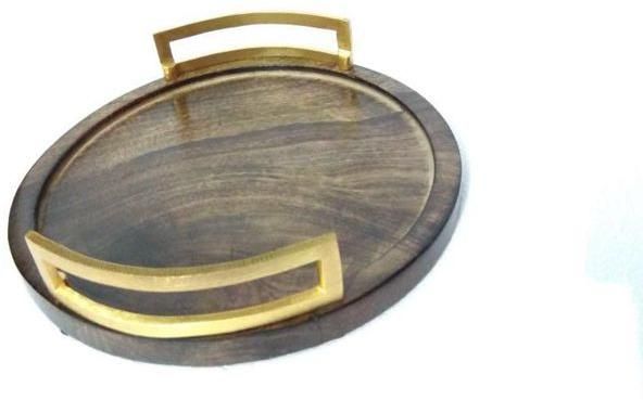 Wooden Round Tray With Brass Handle
