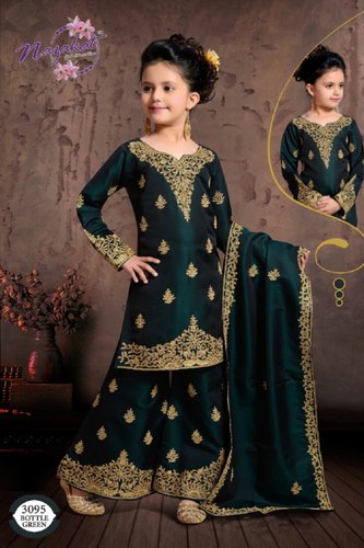 Round Neck Embroidered Silk Kids Palazzo Suit, Size : 22, 24, 26