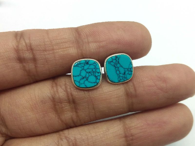 925 Sterling Silver American Turquoise Cushion Gemstone Stud Earrings