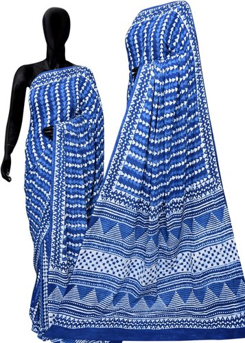 Blue Printed Cotton Sarees, Occasion : Casual Wear