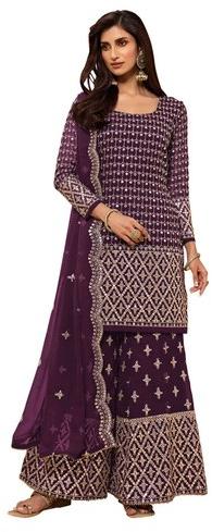 Georgette Round Neck Embroidery Work Palazzo Suits, Color : Multicolor