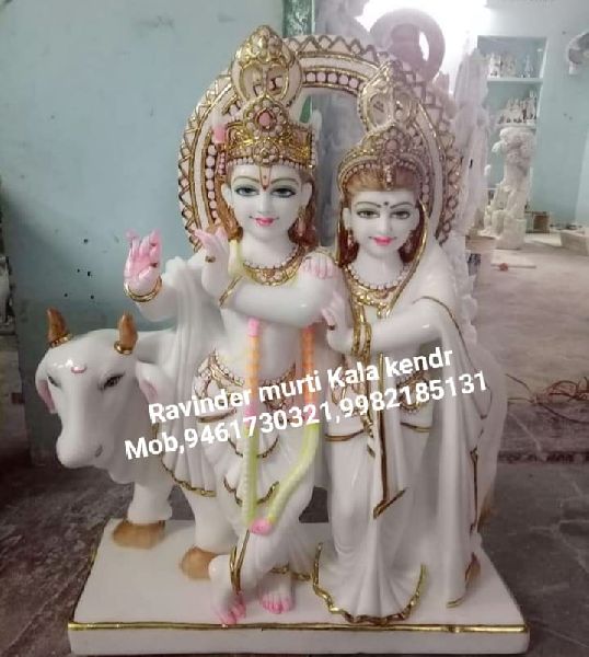 Marble Radha Krishna Statue with Cow, Color : White