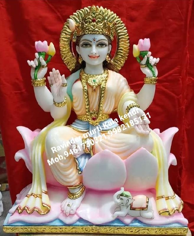Polished Painted Sitting Marble Laxmi Statue, Color : Multicolors