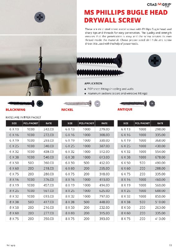 Carbon Steel drywall screw, Grade : DIN