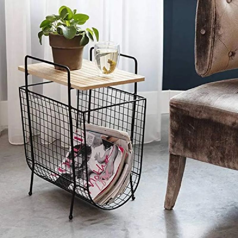 METAL WITH WOOD MAGAZINE RACK