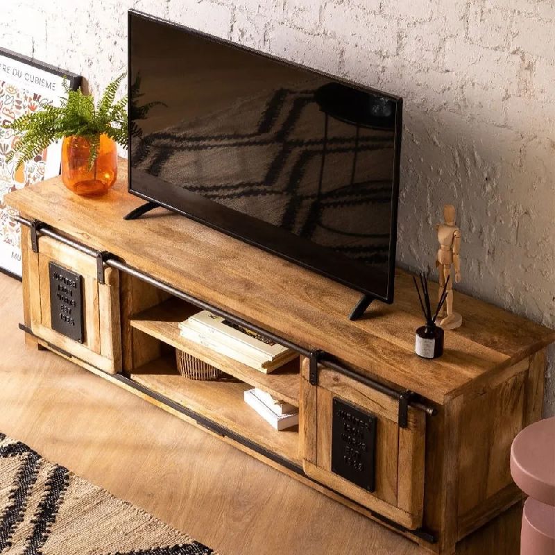 Solid Wood TV Unit With Storage Shelves