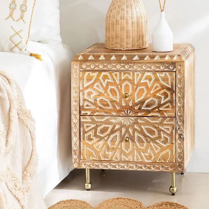 Traditional Design Solid wood Bedside Table with 2 Drawer And Storage